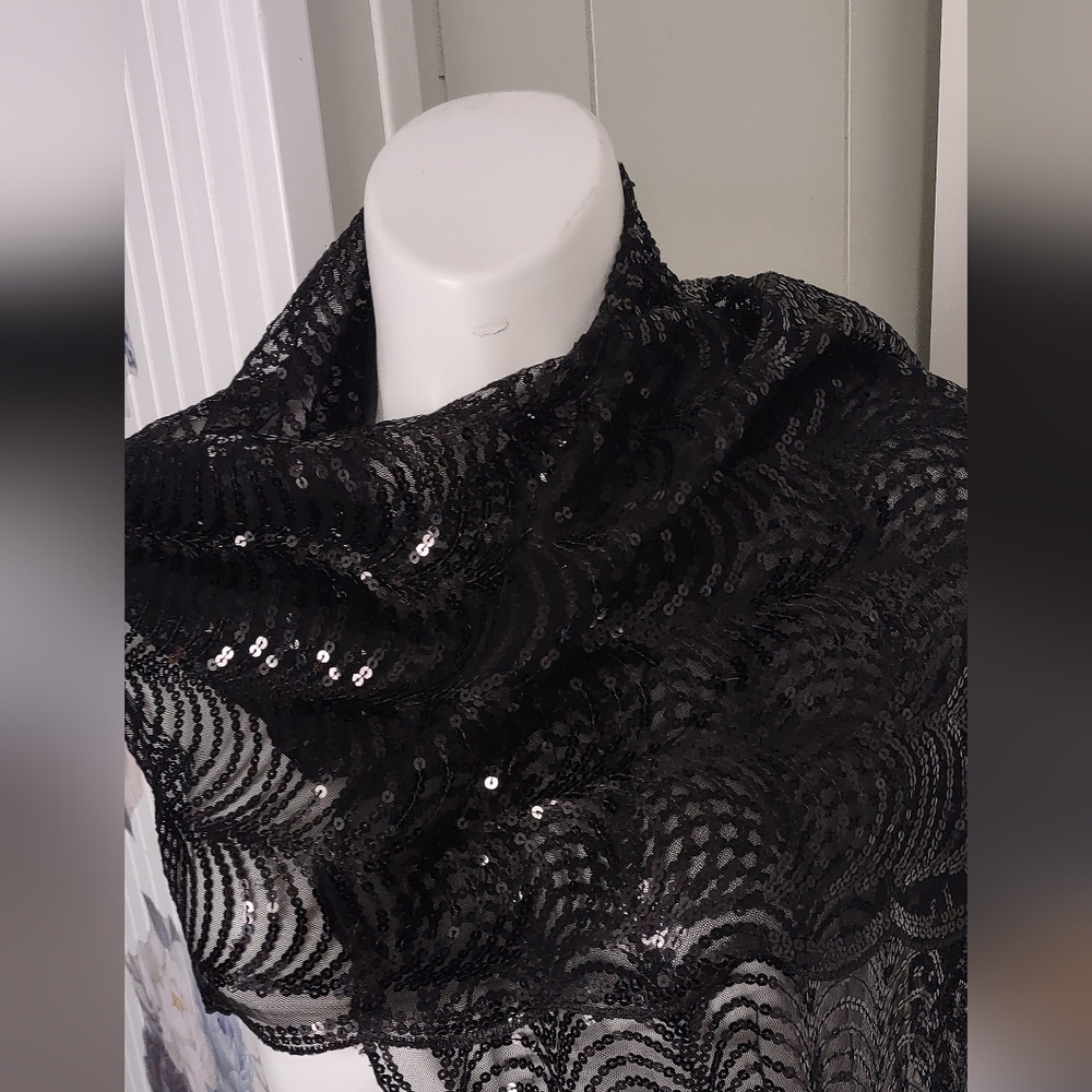 Betsey Johnson Black Sequined + Lace Wrap New With Tags 21"W X 75" Long Sparkly